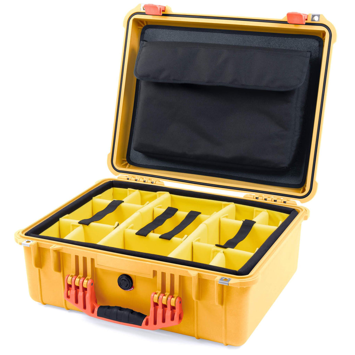 Pelican 1550 Case, Yellow with Orange Handle &amp; Latches Yellow Padded Microfiber Dividers with Computer Pouch ColorCase 015500-0210-240-150