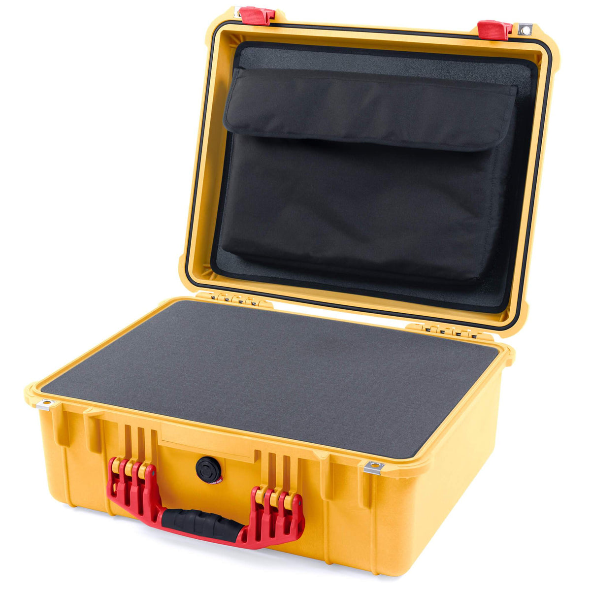 Pelican 1550 Case, Yellow with Red Handle &amp; Latches Pick &amp; Pluck Foam with Computer Pouch ColorCase 015500-0201-240-320