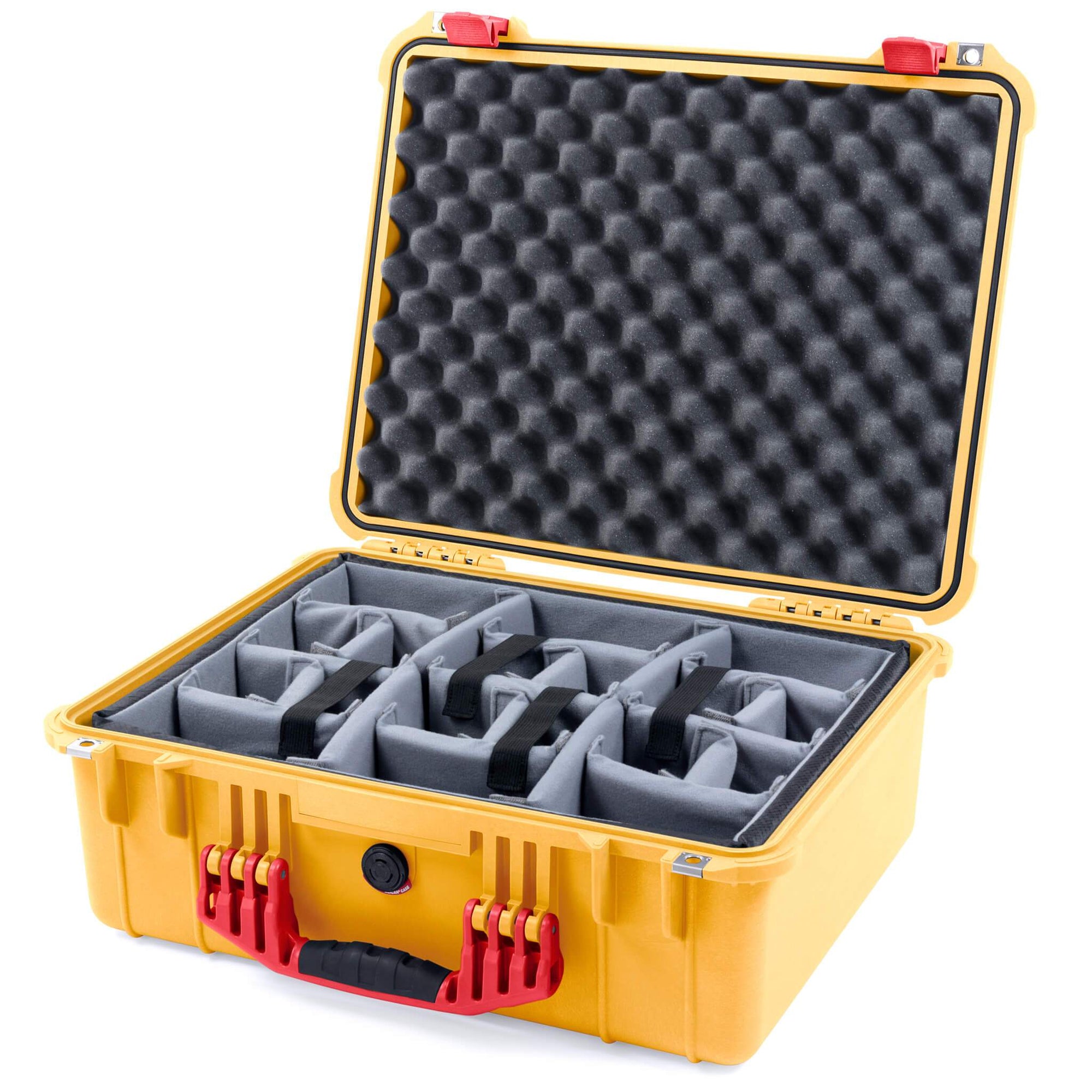 Pelican 1550 Case, Yellow with Red Handle & Latches Gray Padded Microfiber Dividers with Convolute Lid Foam ColorCase 015500-0070-240-320