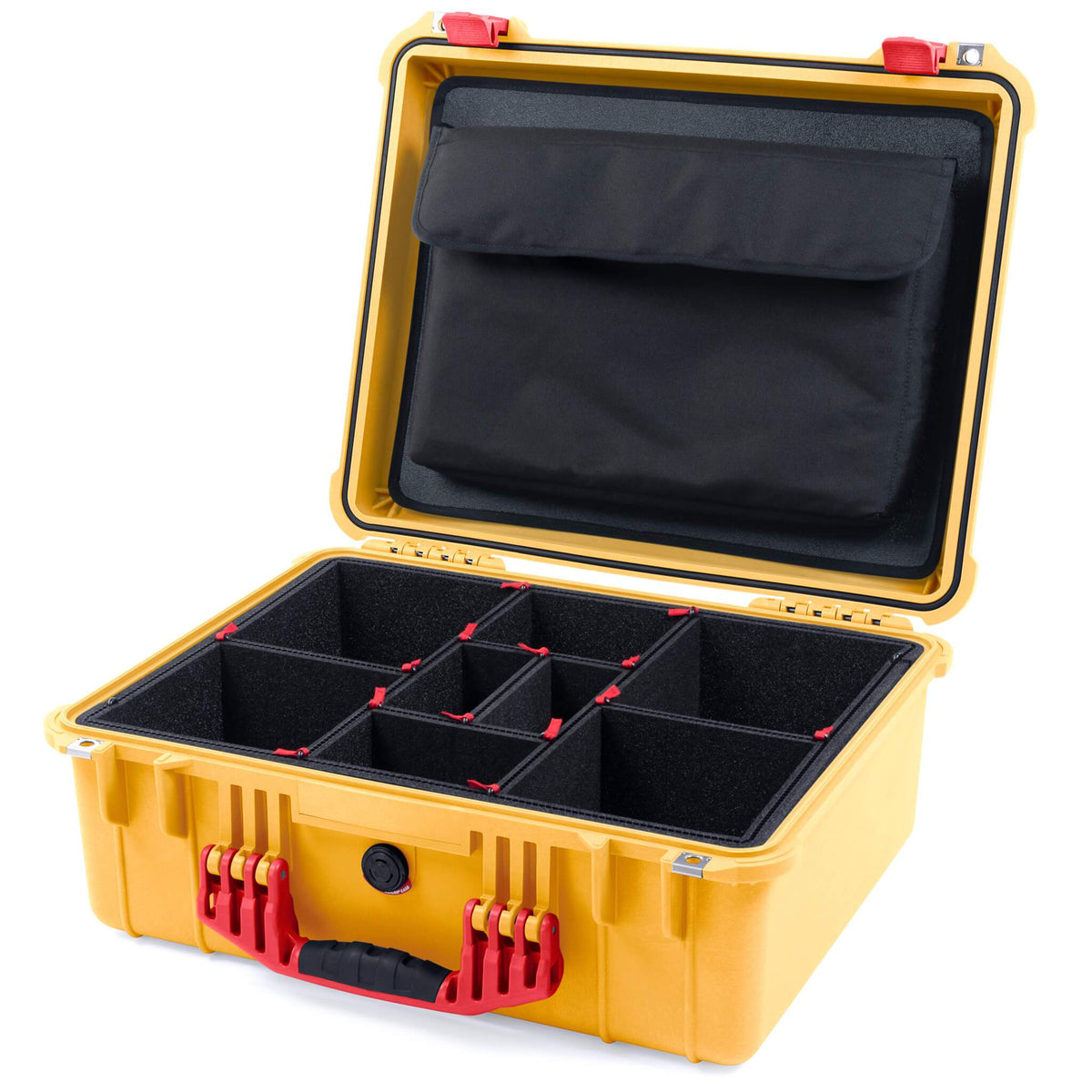 Pelican 1550 Case, Yellow with Red Handle &amp; Latches TrekPak Divider System with Computer Pouch ColorCase 015500-0220-240-320