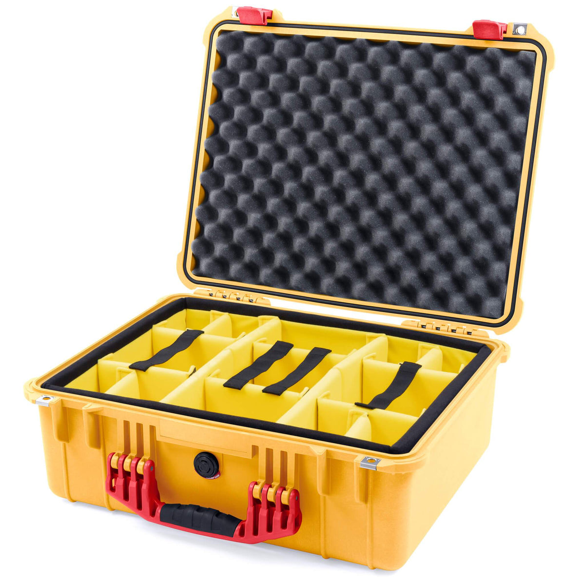 Pelican 1550 Case, Yellow with Red Handle &amp; Latches Yellow Padded Microfiber Dividers with Convolute Lid Foam ColorCase 015500-0010-240-320