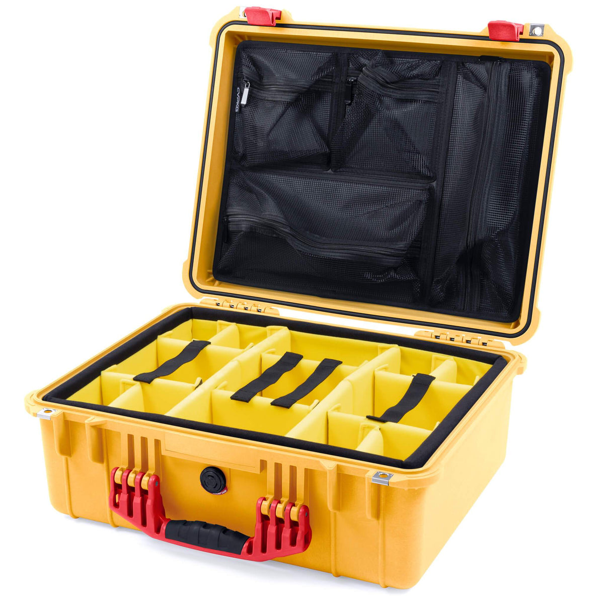 Pelican 1550 Case, Yellow with Red Handle &amp; Latches Yellow Padded Microfiber Dividers with Mesh Lid Organizer ColorCase 015500-0110-240-320
