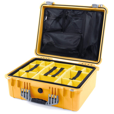 Pelican 1550 Case, Yellow with Silver Handle & Latches Yellow Padded Microfiber Dividers with Mesh Lid Organizer ColorCase 015500-0110-240-180