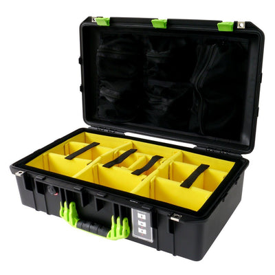 Pelican 1555 Air Case, Black with Lime Green Handle & Latches Yellow Padded Microfiber Dividers with Mesh Lid Organizer ColorCase 015550-0110-110-300