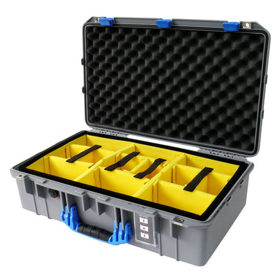 Pelican 1555 Air Case, Silver with Blue Handle & Latches Yellow Padded Microfiber Dividers with Convolute Lid Foam ColorCase 015550-0010-180-120