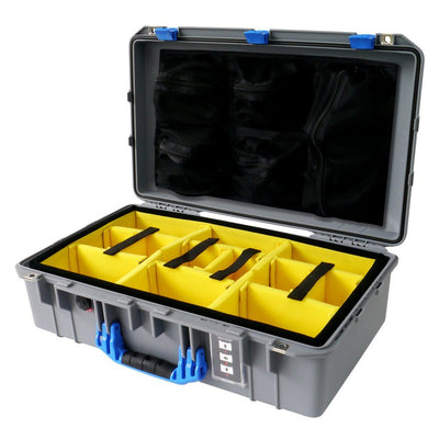 Pelican 1555 Air Case, Silver with Blue Handle & Latches Yellow Padded Microfiber Dividers with Mesh Lid Organizer ColorCase 015550-0110-180-120