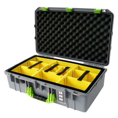 Pelican 1555 Air Case, Silver with Lime Green Handle & Latches Yellow Padded Microfiber Dividers with Convolute Lid Foam ColorCase 015550-0010-180-300