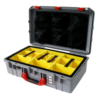 Pelican 1555 Air Case, Silver with Red Handle & Latches Yellow Padded Microfiber Dividers with Mesh Lid Organizer ColorCase 015550-0110-180-320