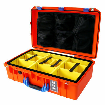 Pelican 1555 Air Case, Orange with Blue Handle & Latches Yellow Padded Microfiber Dividers with Mesh Lid Organizer ColorCase 015550-0110-150-120