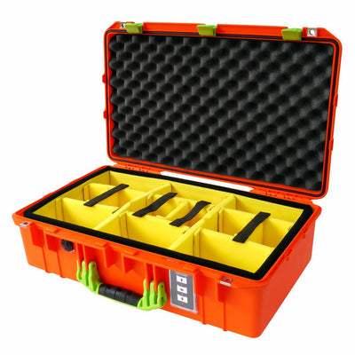 Pelican 1555 Air Case, Orange with Lime Green Handle & Latches Yellow Padded Microfiber Dividers with Convolute Lid Foam ColorCase 015550-0010-150-300