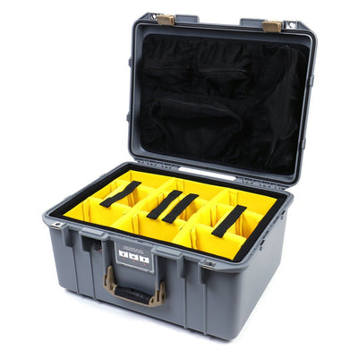 Pelican 1557 Air Case, Silver with Desert Tan Handle & Latches Yellow Padded Microfiber Dividers with Mesh Lid Organizer ColorCase 015570-0110-180-310