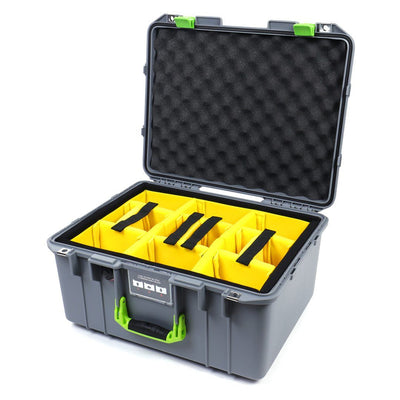 Pelican 1557 Air Case, Silver with Lime Green Handle & Latches Yellow Padded Microfiber Dividers with Convolute Lid Foam ColorCase 015570-0010-180-300