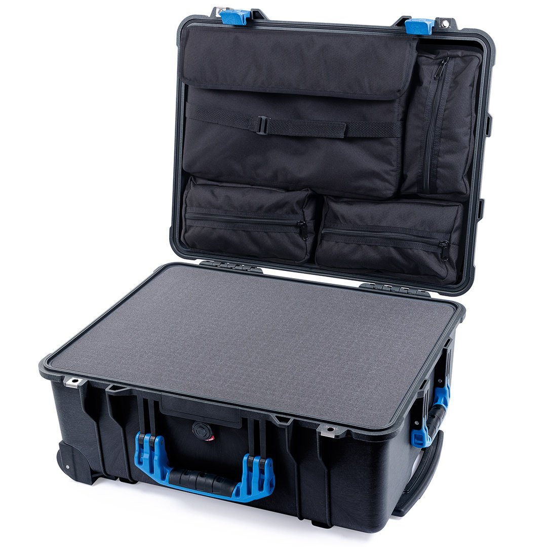 Pelican 1560 Case, Black with Blue Handles &amp; Latches Pick &amp; Pluck Foam with Computer Pouch ColorCase 015600-0201-110-120