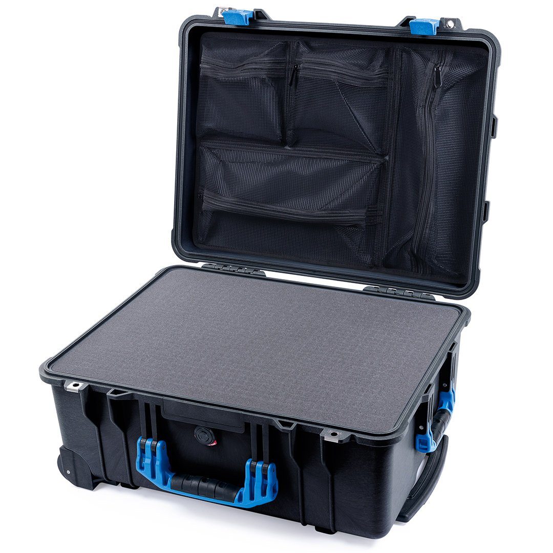 Pelican 1560 Case, Black with Blue Handles &amp; Latches Pick &amp; Pluck Foam with Mesh Lid Organizer ColorCase 015600-0101-110-120
