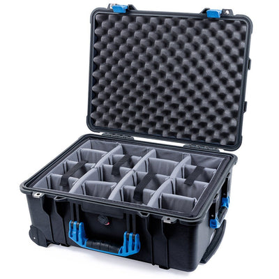 Pelican 1560 Case, Black with Blue Handles & Latches Gray Padded Microfiber Dividers with Convolute Lid Foam ColorCase 015600-0070-110-120