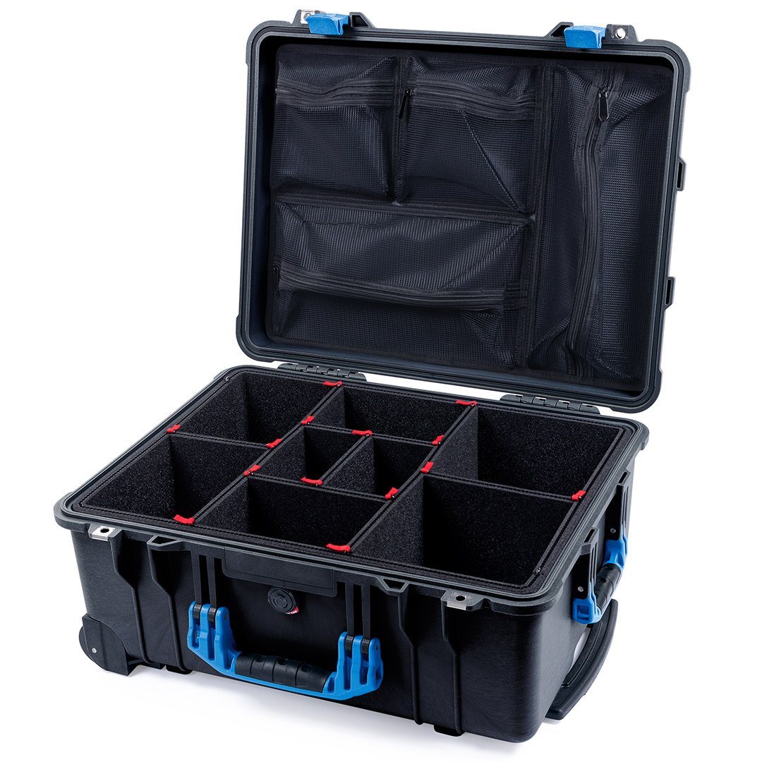 Pelican 1560 Case, Black with Blue Handles &amp; Latches TrekPak Divider System with Mesh Lid Organizer ColorCase 015600-0120-110-120