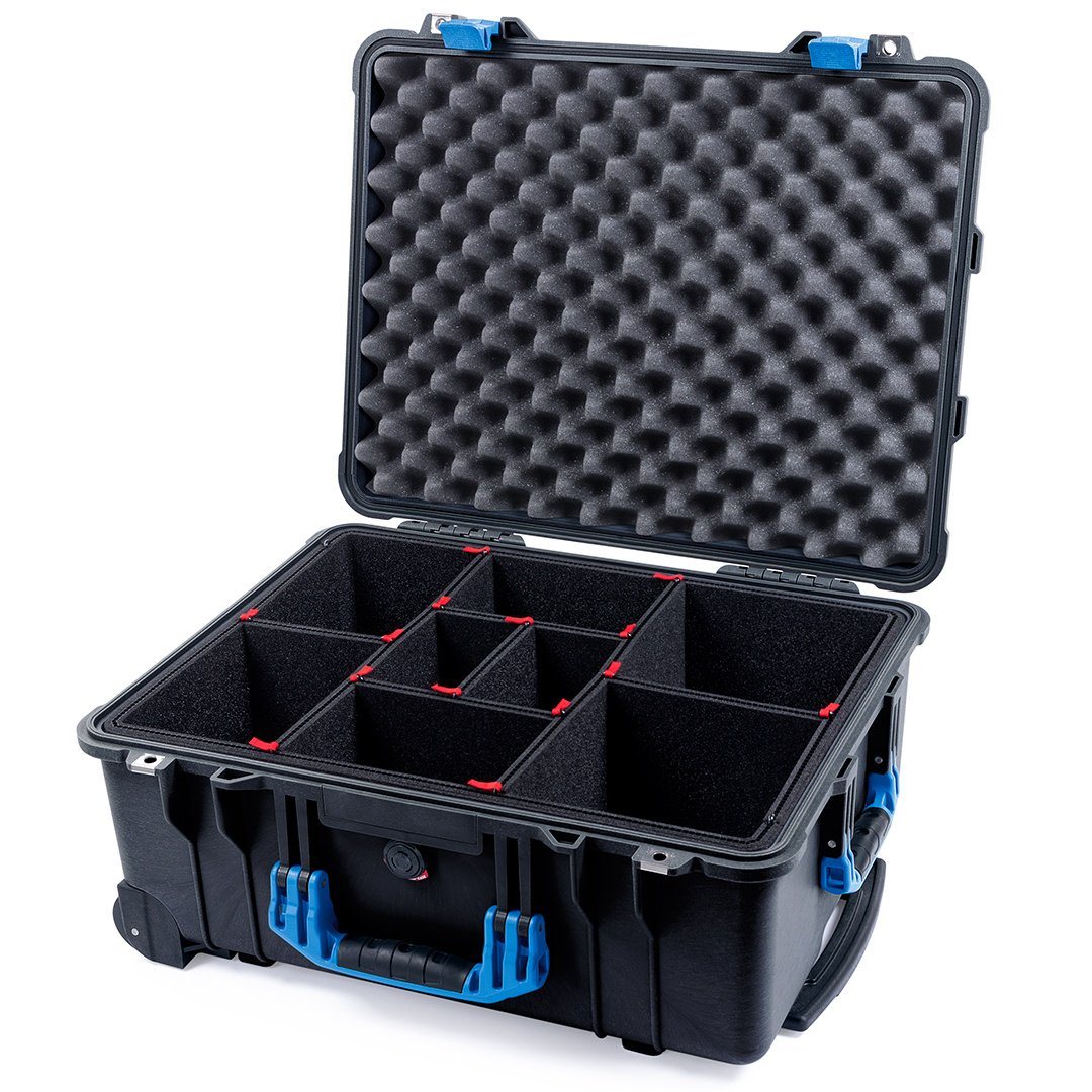 Pelican 1560 Case, Black with Blue Handles &amp; Latches TrekPak Divider System with Convolute Lid Foam ColorCase 015600-0020-110-120