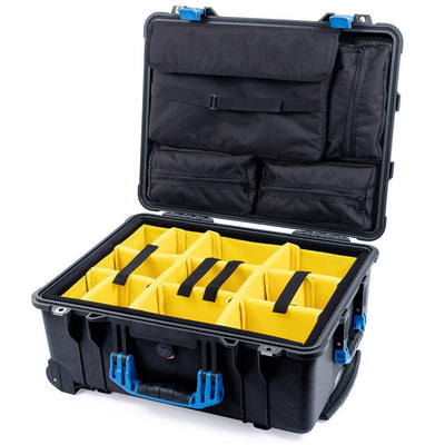 Pelican 1560 Case, Black with Blue Handles & Latches Yellow Padded Microfiber Dividers with Computer Pouch ColorCase 015600-0210-110-120