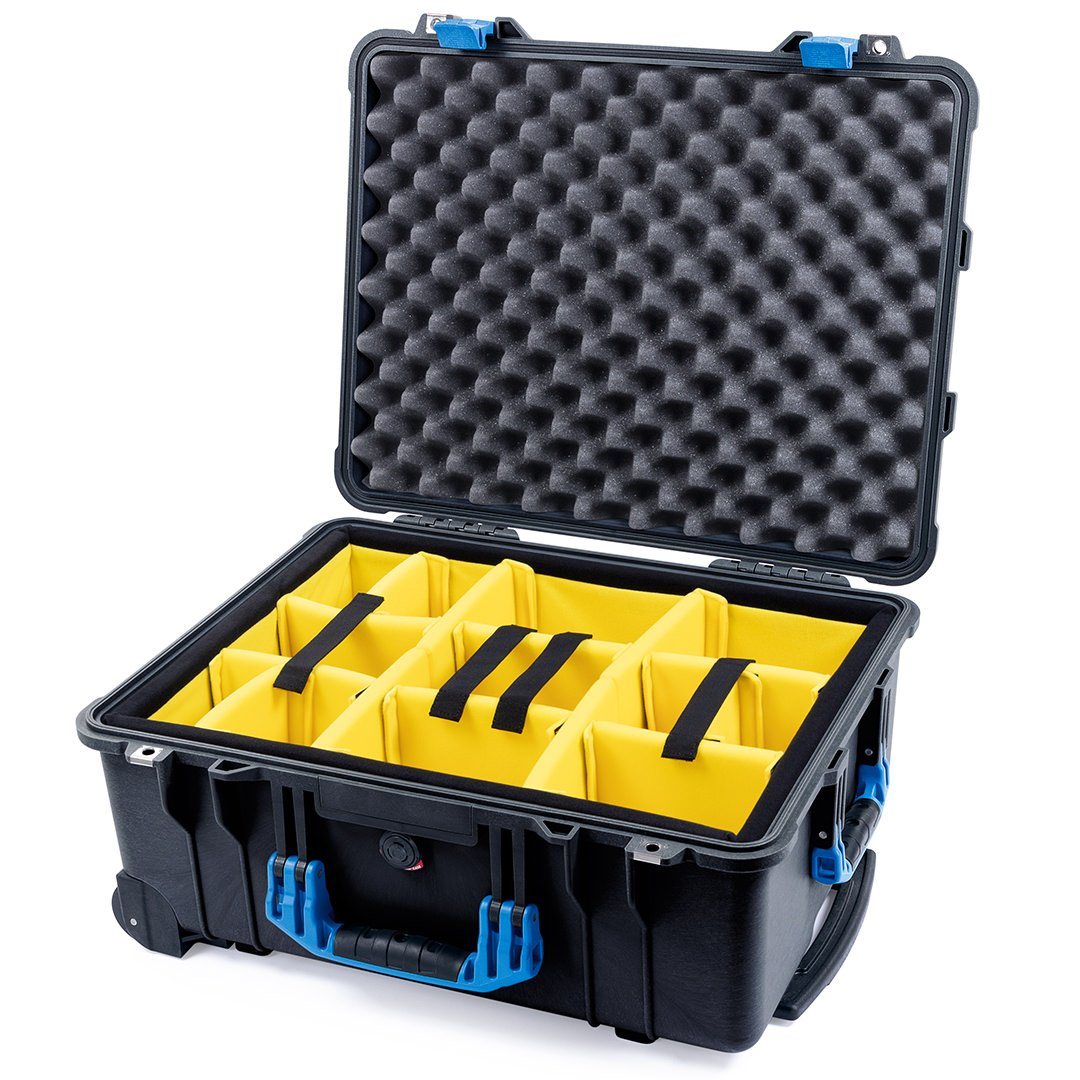 Pelican 1560 Case, Black with Blue Handles &amp; Latches Yellow Padded Microfiber Dividers with Convolute Lid Foam ColorCase 015600-0010-110-120