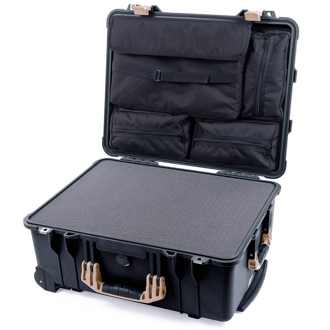 Pelican 1560 Case, Black with Desert Tan Handles &amp; Latches Pick &amp; Pluck Foam with Computer Pouch ColorCase 015600-0201-110-310