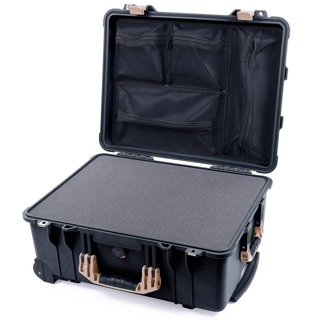 Pelican 1560 Case, Black with Desert Tan Handles &amp; Latches Pick &amp; Pluck Foam with Mesh Lid Organizer ColorCase 015600-0101-110-310