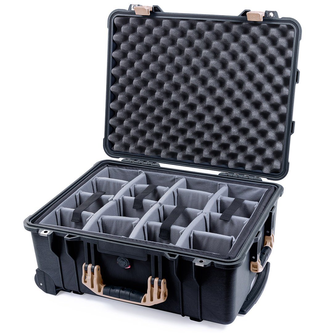 Pelican 1560 Case, Black with Desert Tan Handles & Latches Gray Padded Microfiber Dividers with Convolute Lid Foam ColorCase 015600-0070-110-310
