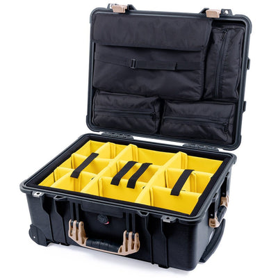 Pelican 1560 Case, Black with Desert Tan Handles & Latches Yellow Padded Microfiber Dividers with Computer Pouch ColorCase 015600-0210-110-310