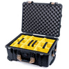 Pelican 1560 Case, Black with Desert Tan Handles & Latches Yellow Padded Microfiber Dividers with Convolute Lid Foam ColorCase 015600-0010-110-310