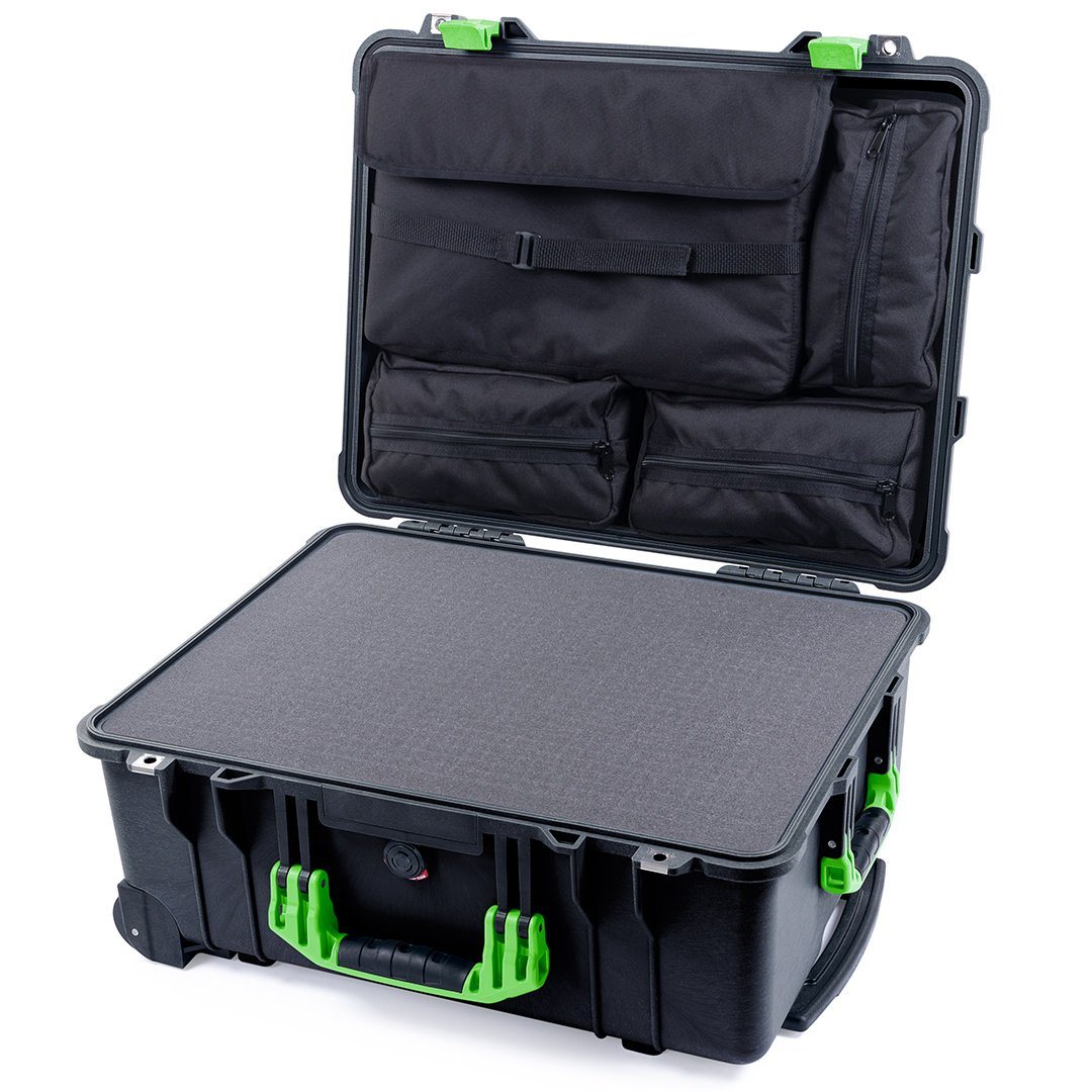 Pelican 1560 Case, Black with Lime Green Handles &amp; Latches Pick &amp; Pluck Foam with Computer Pouch ColorCase 015600-0201-110-300