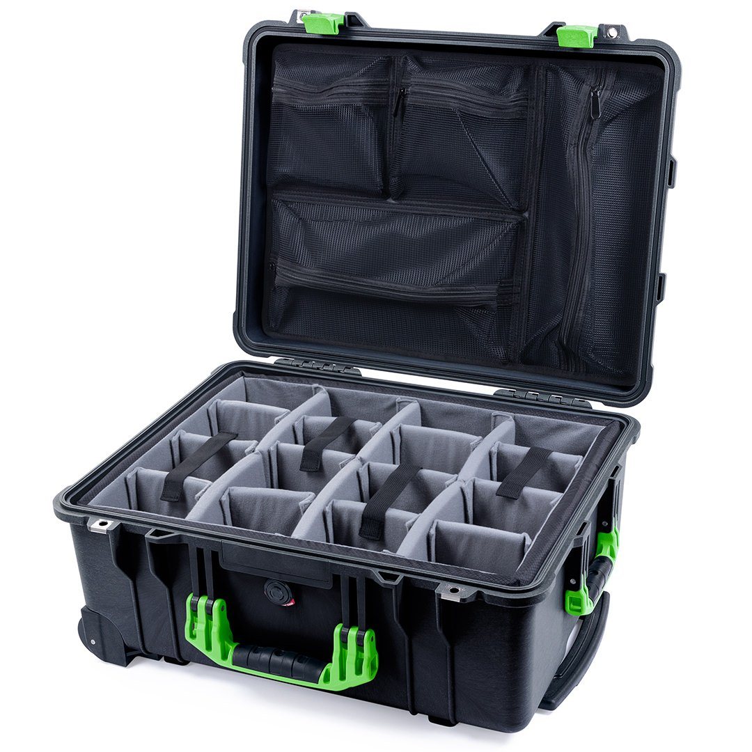 Pelican 1560 Case, Black with Lime Green Handles &amp; Latches Gray Padded Microfiber Dividers with Mesh Lid Organizer ColorCase 015600-0170-110-300