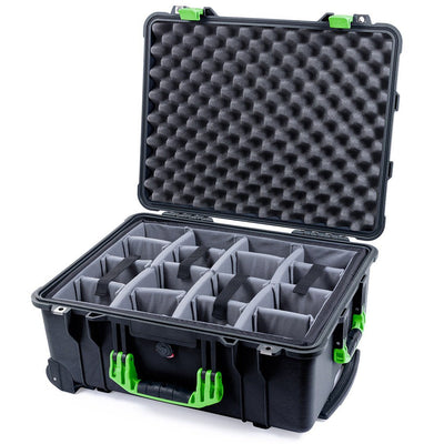 Pelican 1560 Case, Black with Lime Green Handles & Latches Gray Padded Microfiber Dividers with Convolute Lid Foam ColorCase 015600-0070-110-300