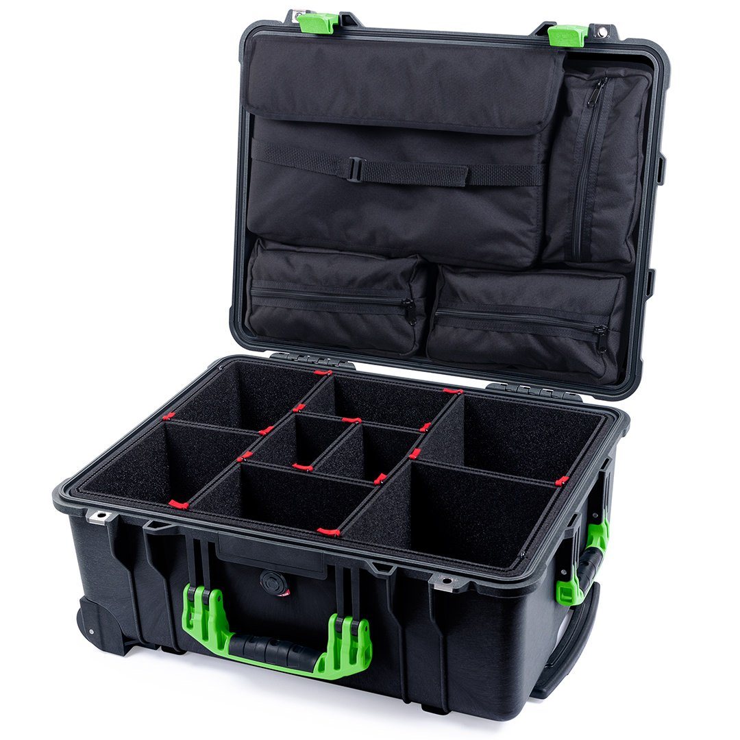 Pelican 1560 Case, Black with Lime Green Handles & Latches TrekPak Divider System with Computer Pouch ColorCase 015600-0220-110-300