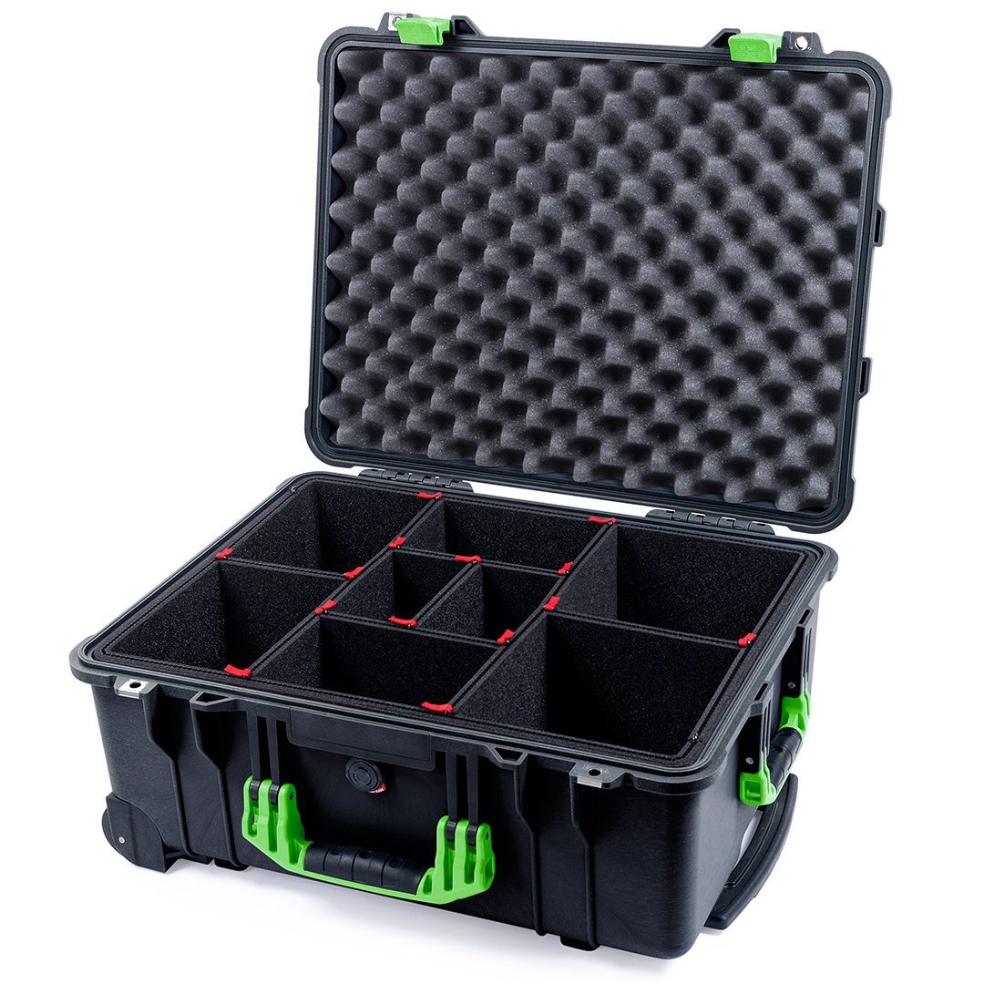 Pelican 1560 Case, Black with Lime Green Handles &amp; Latches TrekPak Divider System with Convolute Lid Foam ColorCase 015600-0020-110-300