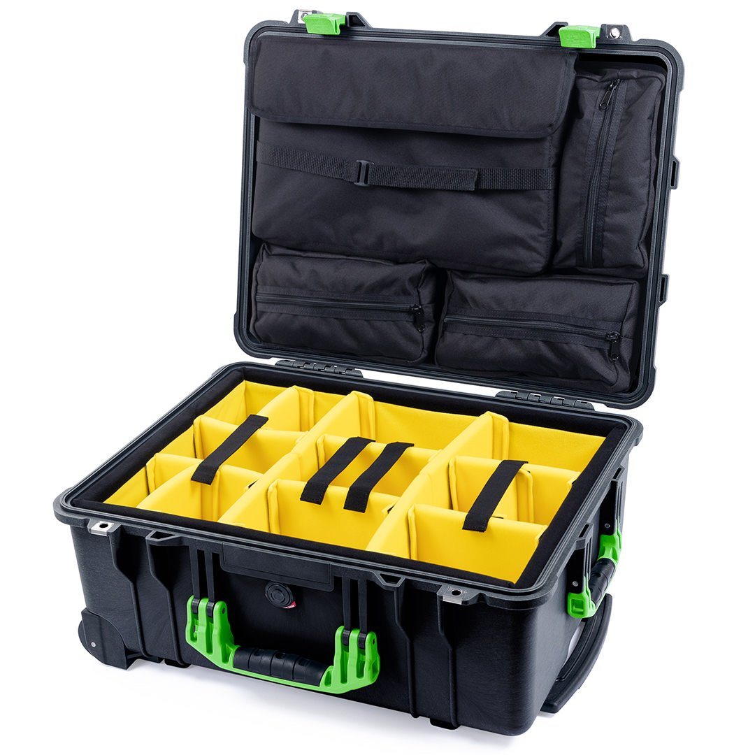 Pelican 1560 Case, Black with Lime Green Handles &amp; Latches Yellow Padded Microfiber Dividers with Computer Pouch ColorCase 015600-0210-110-300