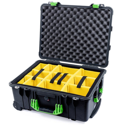 Pelican 1560 Case, Black with Lime Green Handles & Latches Yellow Padded Microfiber Dividers with Convolute Lid Foam ColorCase 015600-0010-110-300