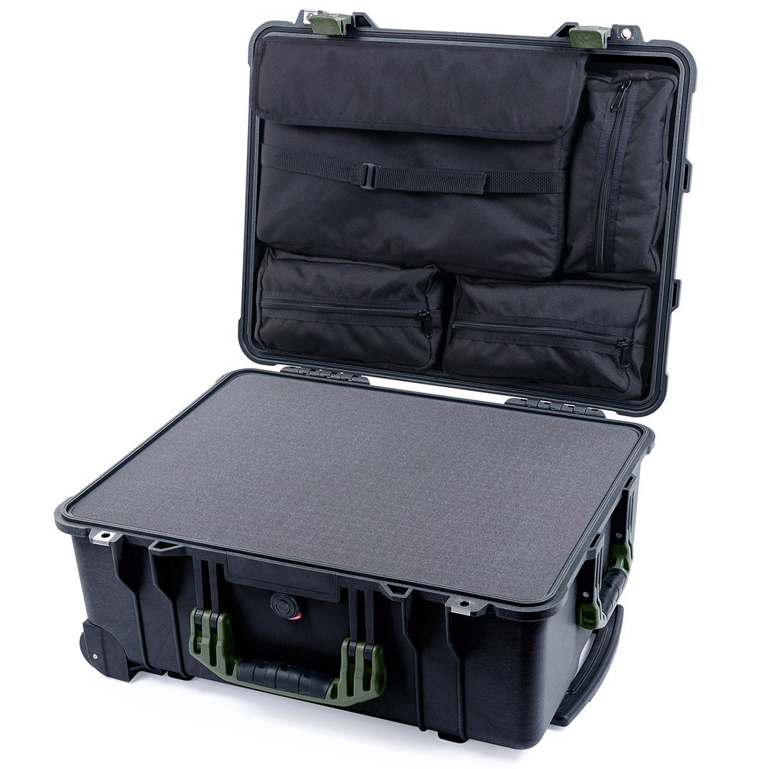 Pelican 1560 Case, Black with OD Green Handles &amp; Latches Pick &amp; Pluck Foam with Computer Pouch ColorCase 015600-0201-110-130