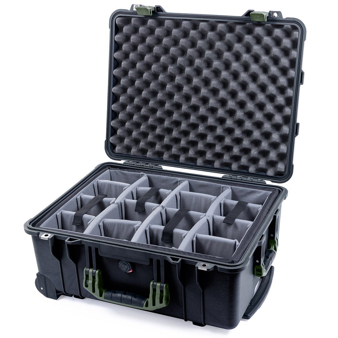 Pelican 1560 Case, Black with OD Green Handles &amp; Latches Gray Padded Microfiber Dividers with Convolute Lid Foam ColorCase 015600-0070-110-130