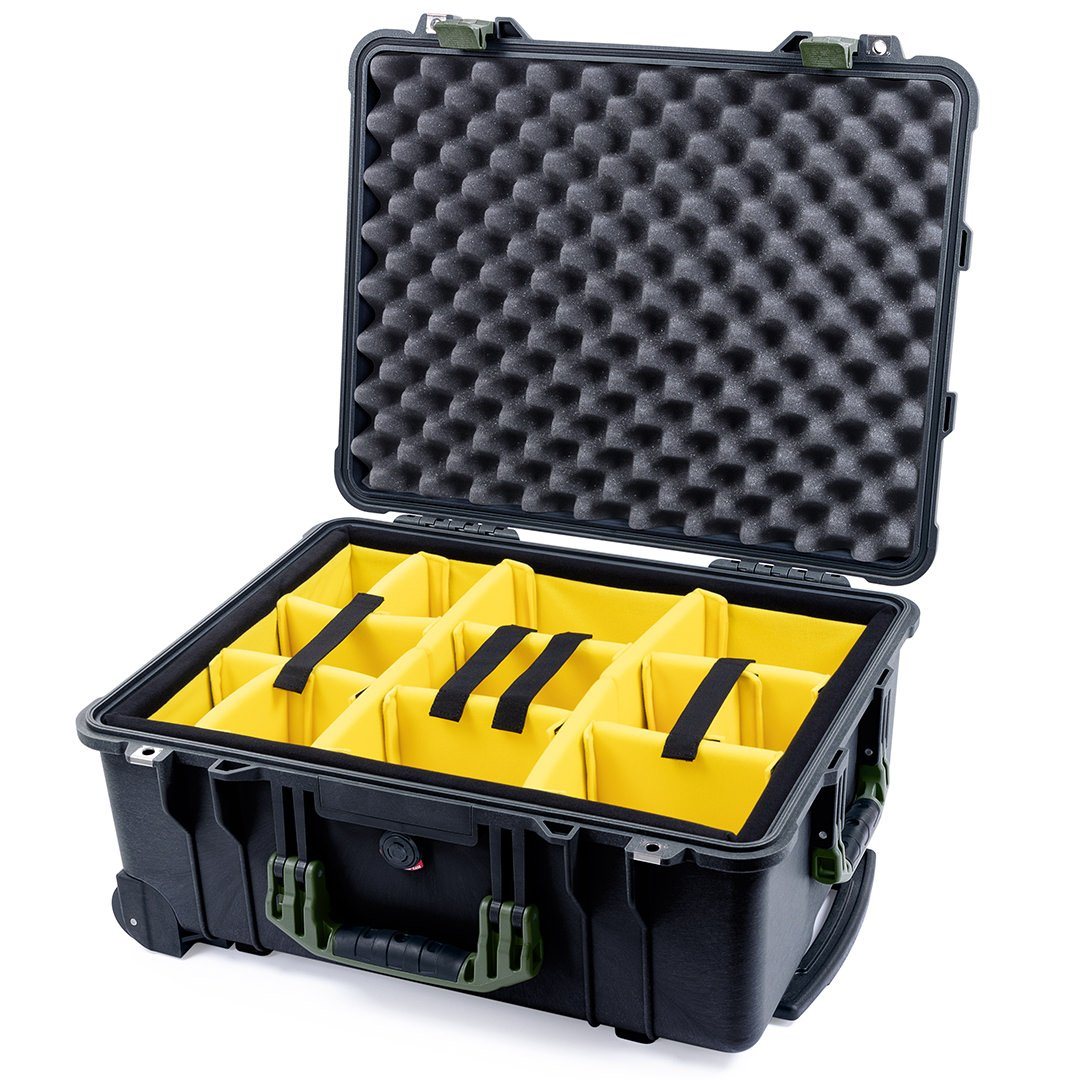 Pelican 1560 Case, Black with OD Green Handles &amp; Latches Yellow Padded Microfiber Dividers with Convolute Lid Foam ColorCase 015600-0010-110-130