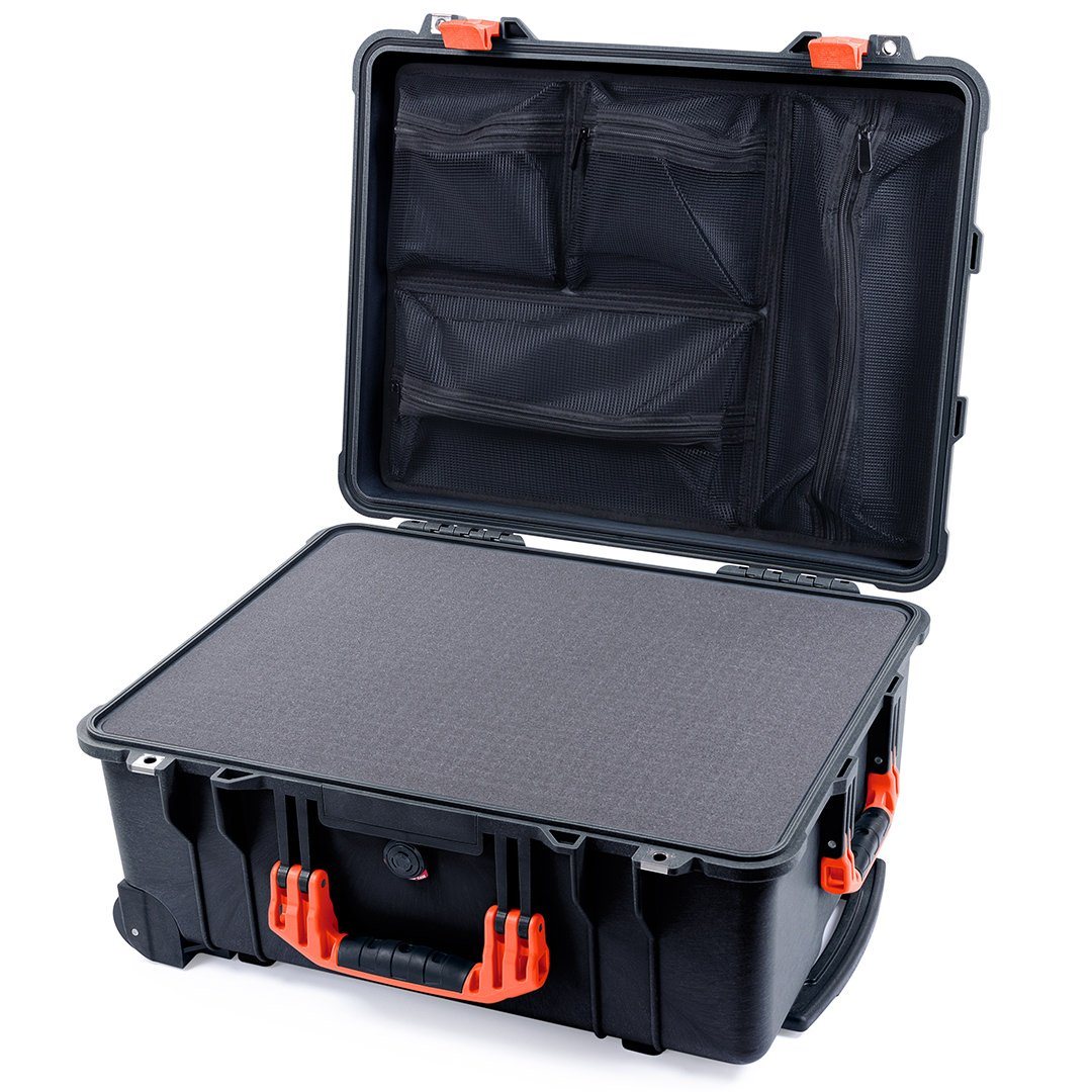 Pelican 1560 Case, Black with Orange Handles &amp; Latches Pick &amp; Pluck Foam with Mesh Lid Organizer ColorCase 015600-0101-110-150