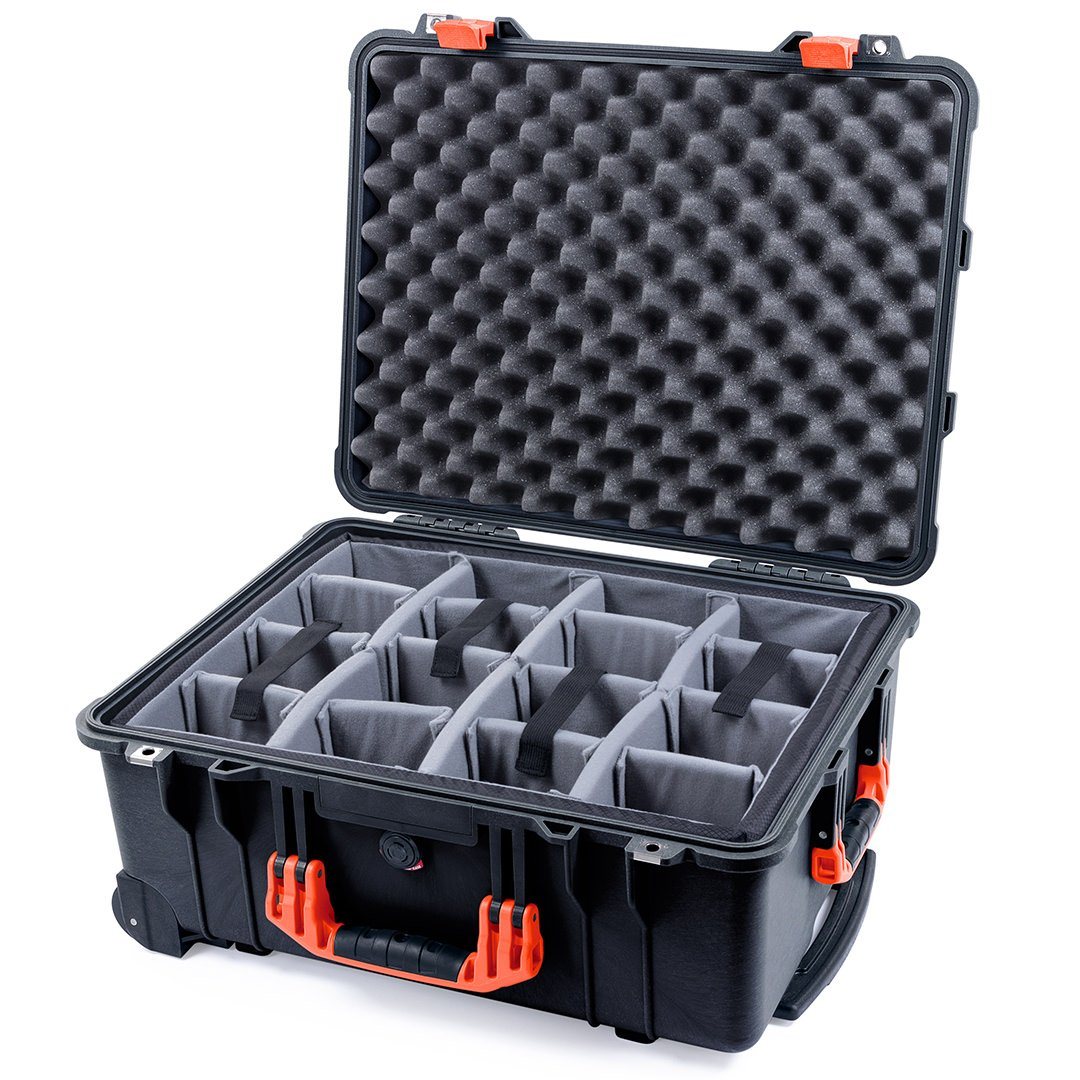 Pelican 1560 Case, Black with Orange Handles &amp; Latches Gray Padded Microfiber Dividers with Convolute Lid Foam ColorCase 015600-0070-110-150