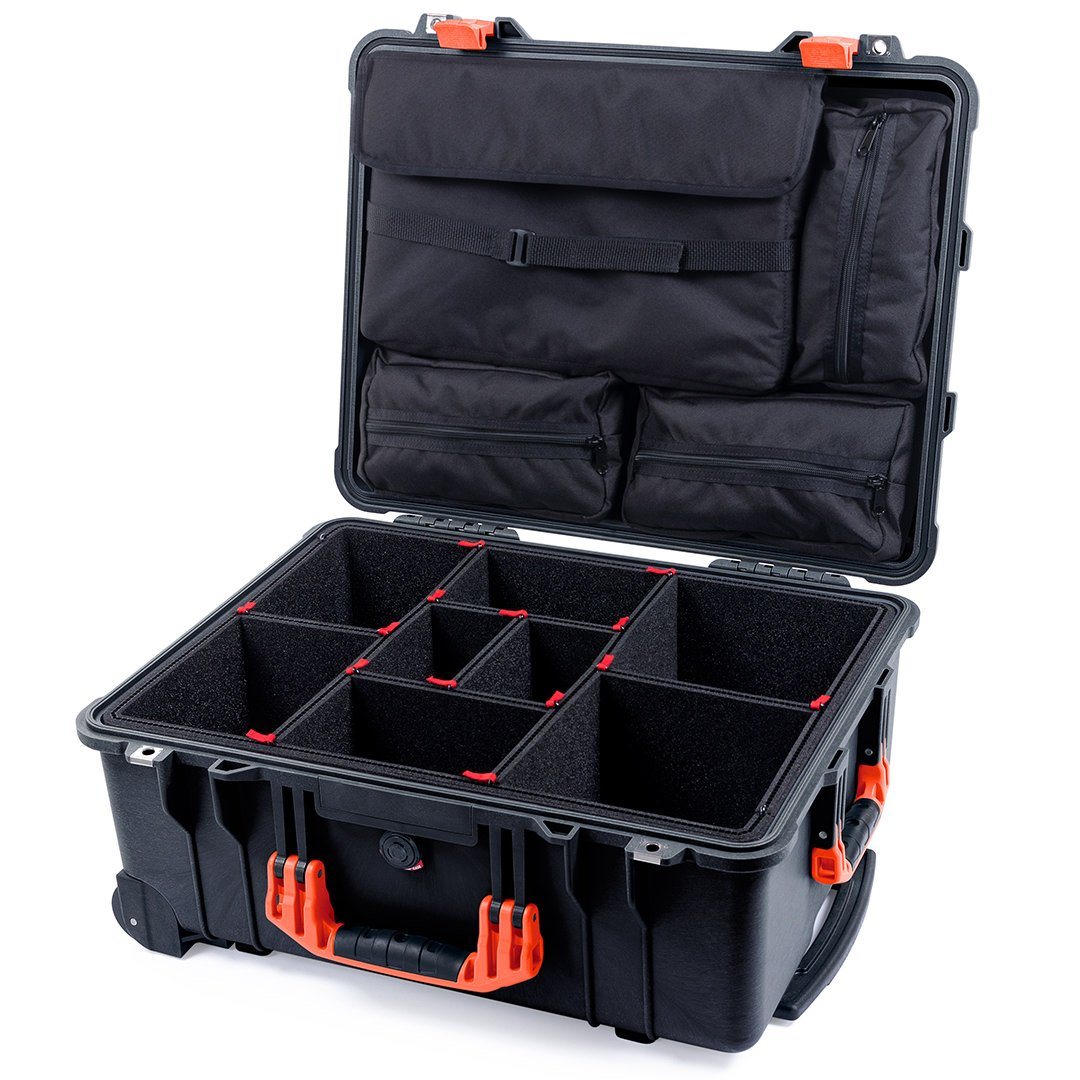 Pelican 1560 Case, Black with Orange Handles &amp; Latches TrekPak Divider System with Computer Pouch ColorCase 015600-0220-110-150