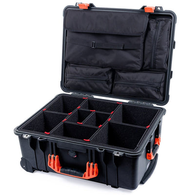 Pelican 1560 Case, Black with Orange Handles & Latches TrekPak Divider System with Computer Pouch ColorCase 015600-0220-110-150