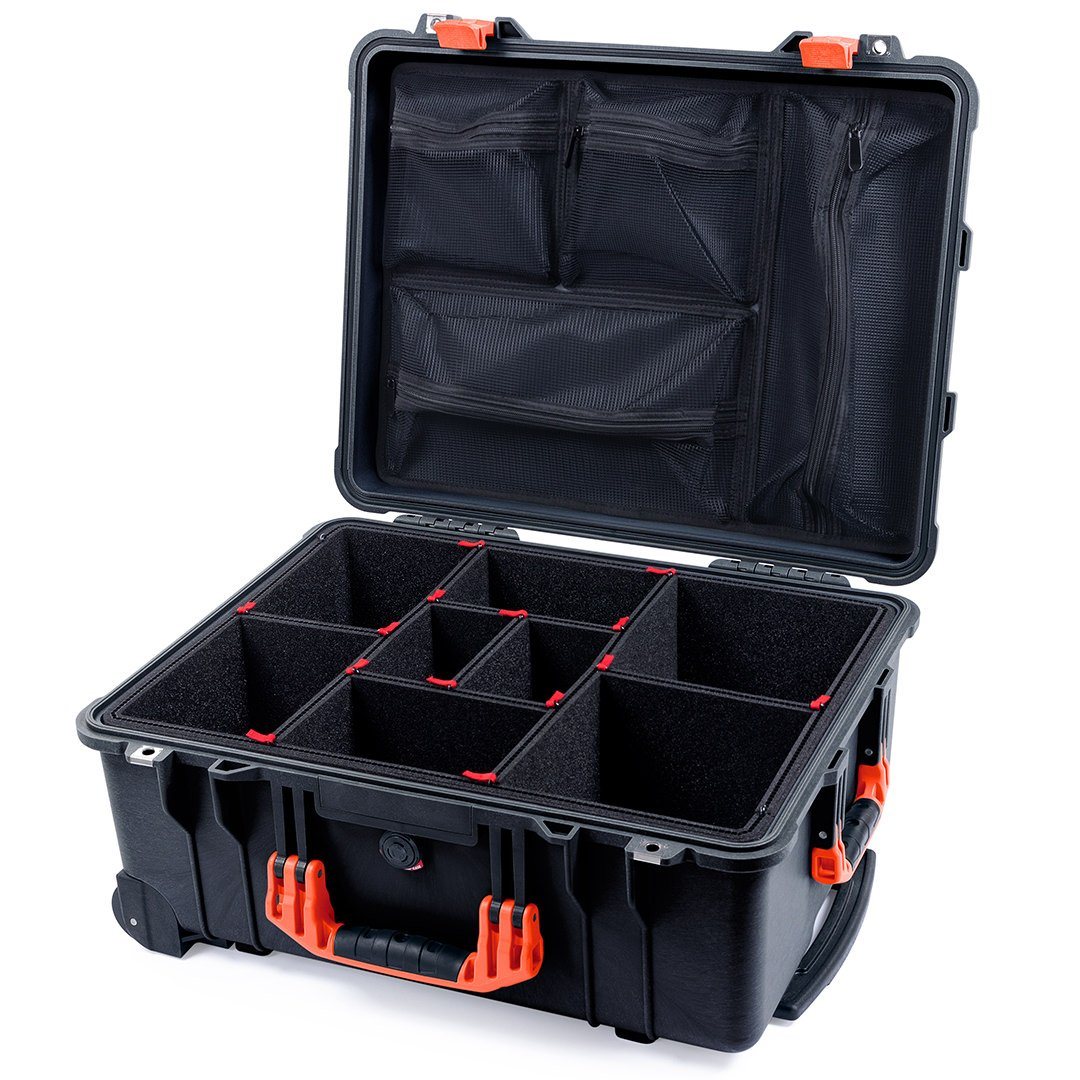 Pelican 1560 Case, Black with Orange Handles & Latches TrekPak Divider System with Mesh Lid Organizer ColorCase 015600-0120-110-150