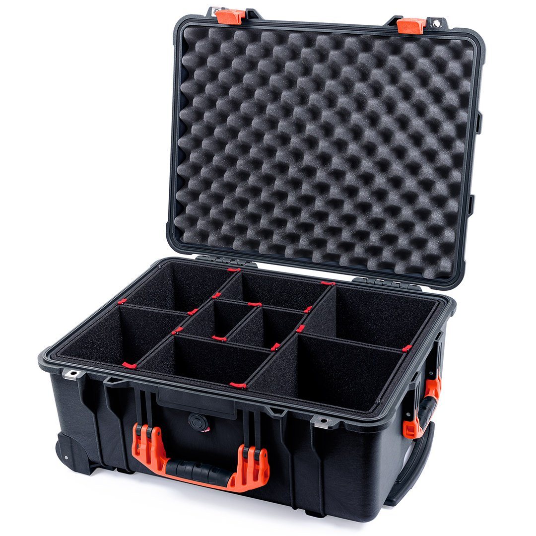 Pelican 1560 Case, Black with Orange Handles &amp; Latches TrekPak Divider System with Convolute Lid Foam ColorCase 015600-0020-110-150