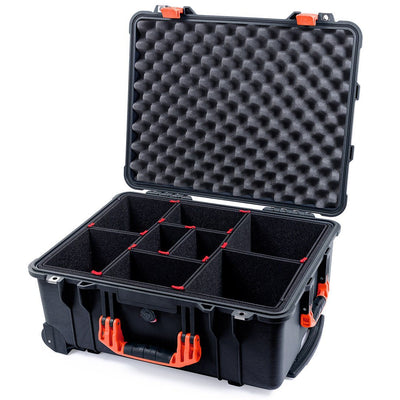 Pelican 1560 Case, Black with Orange Handles & Latches TrekPak Divider System with Convolute Lid Foam ColorCase 015600-0020-110-150