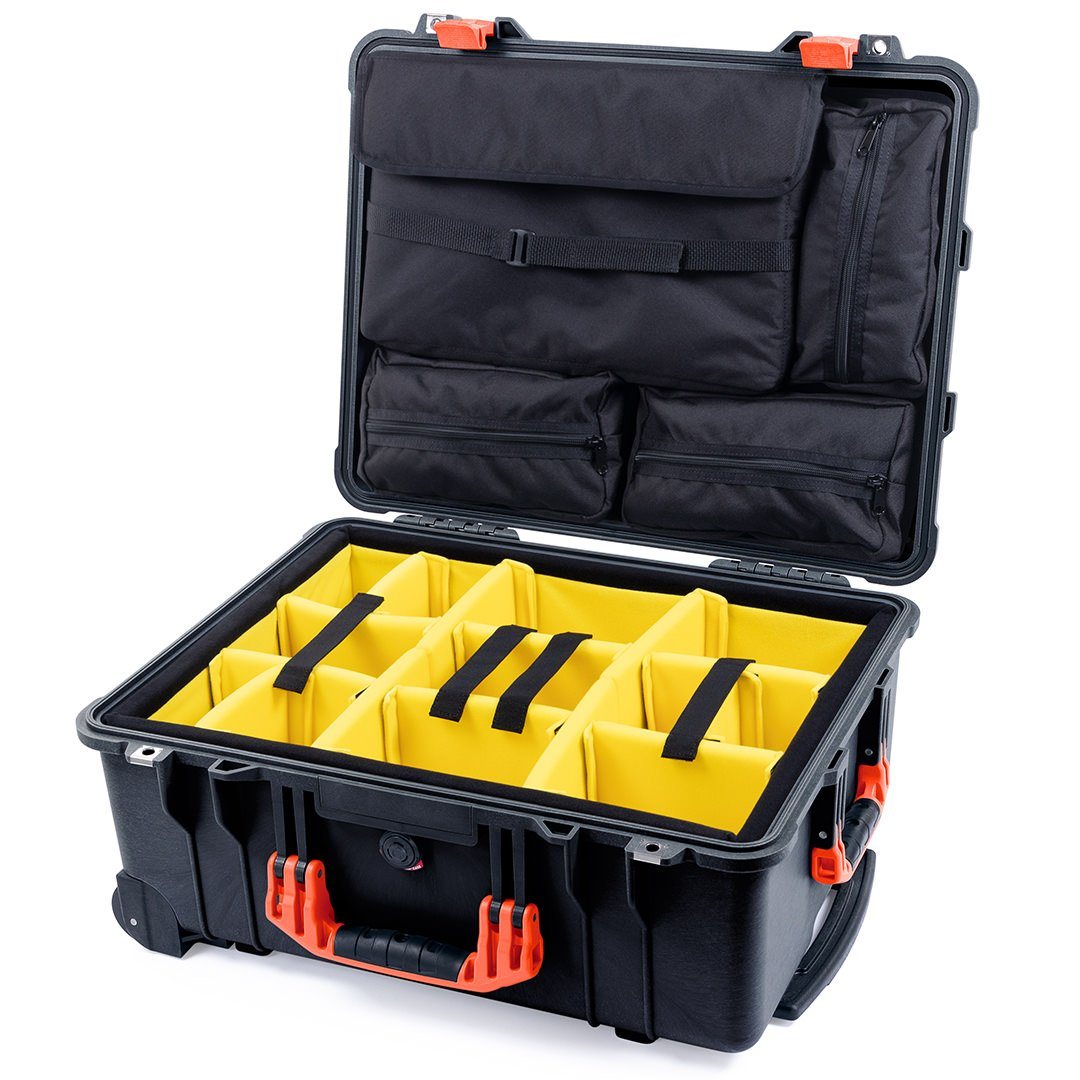 Pelican 1560 Case, Black with Orange Handles & Latches Yellow Padded Microfiber Dividers with Computer Pouch ColorCase 015600-0210-110-150