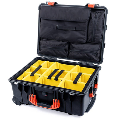 Pelican 1560 Case, Black with Orange Handles & Latches Yellow Padded Microfiber Dividers with Computer Pouch ColorCase 015600-0210-110-150