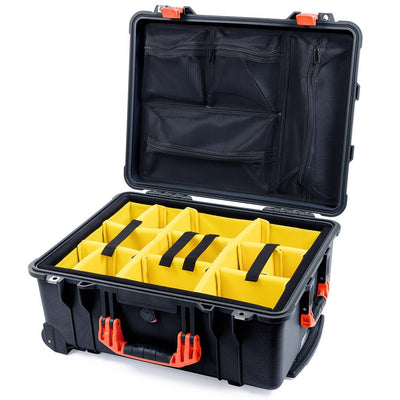Pelican 1560 Case, Black with Orange Handles & Latches Yellow Padded Microfiber Dividers with Mesh Lid Organizer ColorCase 015600-0110-110-150