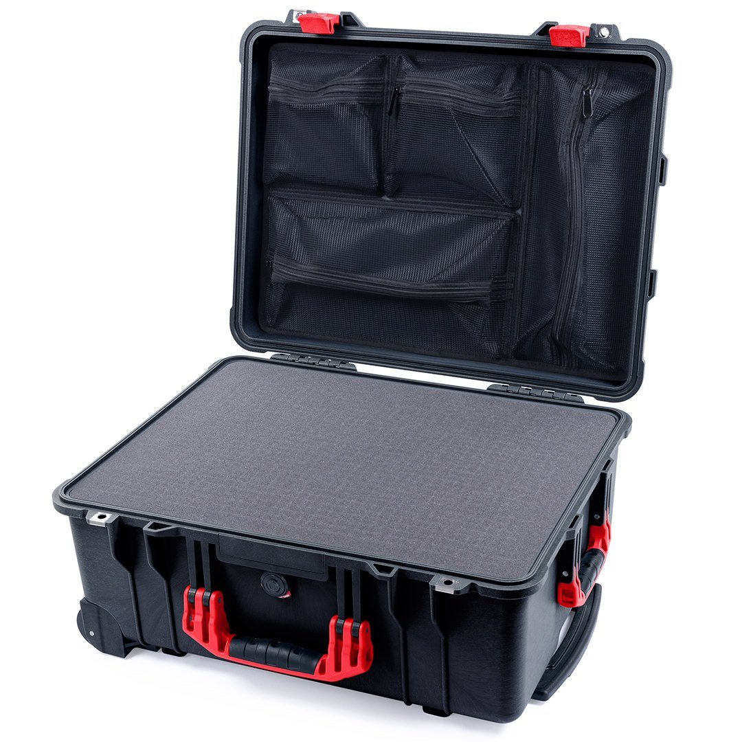 Pelican 1560 Case, Black with Red Handles &amp; Latches Pick &amp; Pluck Foam with Mesh Lid Organizer ColorCase 015600-0101-110-320