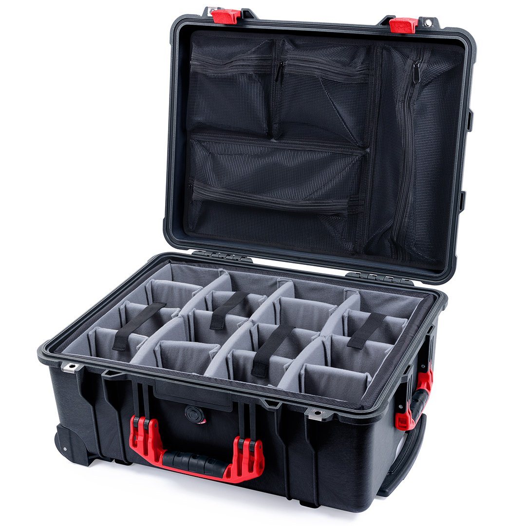 Pelican 1560 Case, Black with Red Handles &amp; Latches Gray Padded Microfiber Dividers with Mesh Lid Organizer ColorCase 015600-0170-110-320